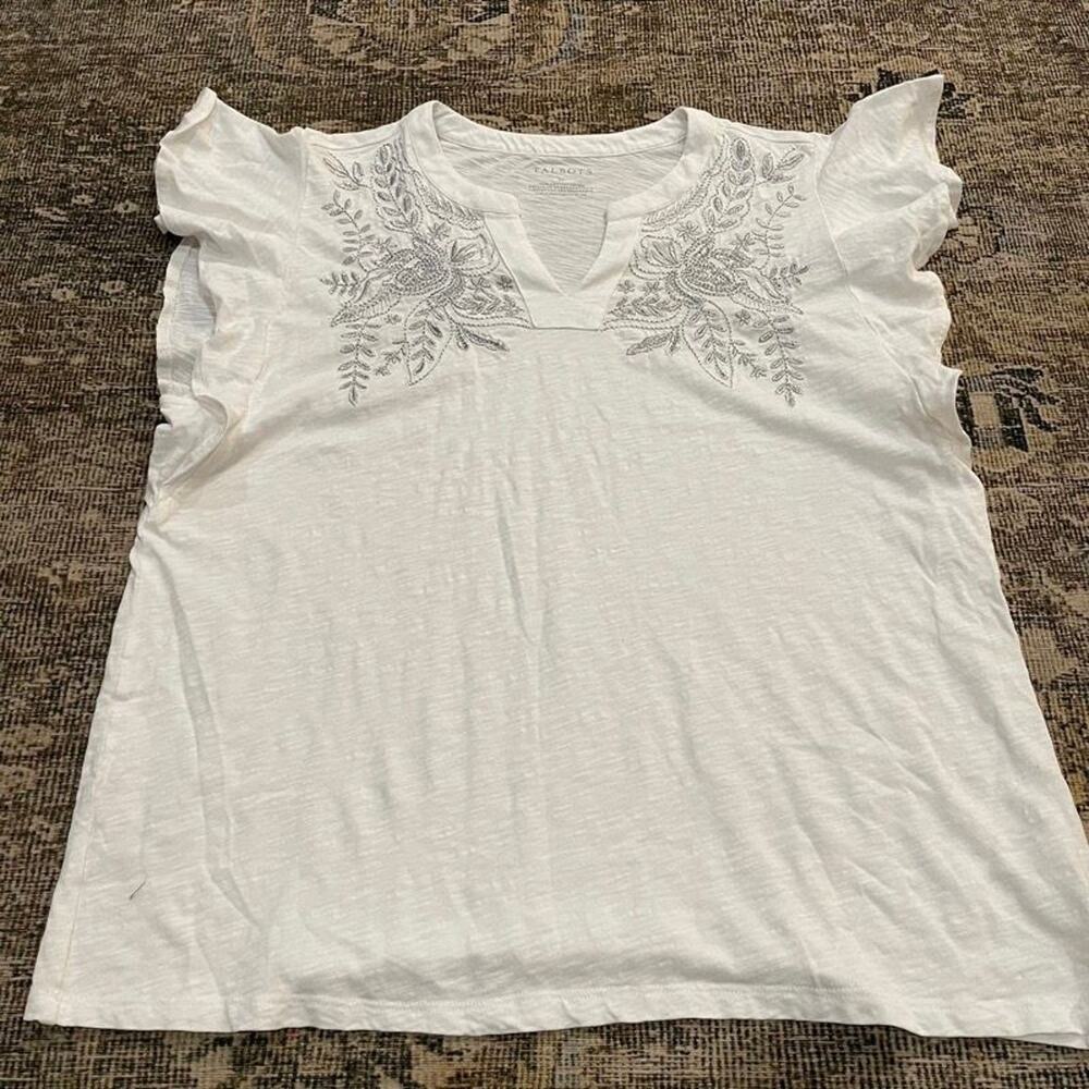 Talbots XL White Silver Embroidered Floral Flutter Sleeve Cotton Top Split Neck